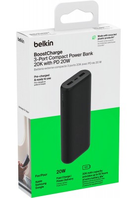 Belkin Акумулятор портативний літій-іонний Power Bank 20000мА·рік, 20Вт, 2хUSB-A/USB-C, чорний