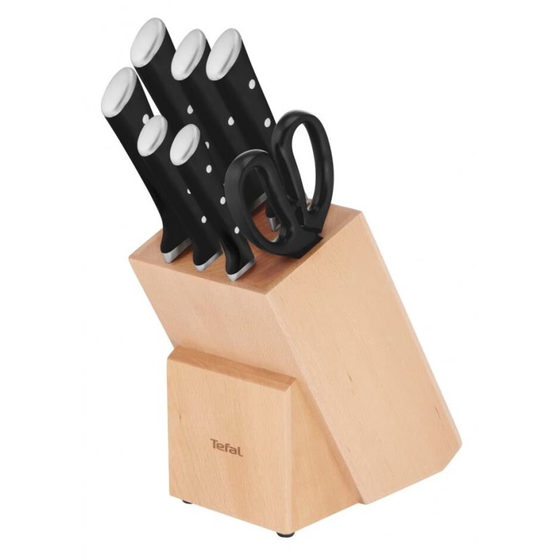 Tefal Набір ножів Ice Force, дерев'яна колода, 7шт, дерево, пластик, нержавіюча сталь, чорний