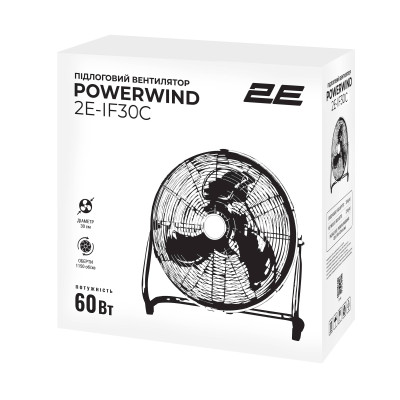 2E Вентилятор підлоговий професійний, 30см, 60Вт, кнопки, двигун мідь 100%, срібний