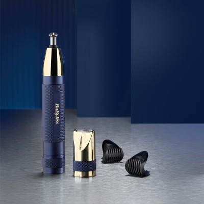 BaByliss Тримір для брів, вусів, носа та вух, 1хАА, насадок-3, чохол, сталь, синій