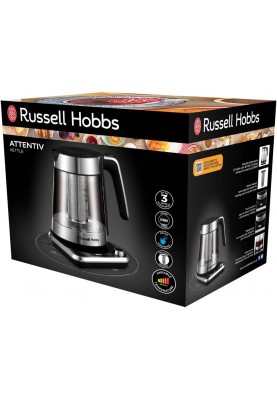 Russell Hobbs Електрочайник Attentiv Kettle, 1.7л, Strix, скло, база зі сховищем для шнура, сірий