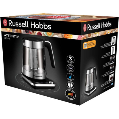 Russell Hobbs Електрочайник Attentiv Kettle, 1.7л, Strix, скло, база зі сховищем для шнура, сірий