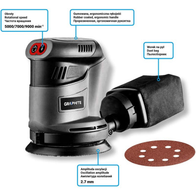 Graphite Шліфмашина ексцентрикова акумуляторна Energy + 125мм 18В 9000об·хв 1.1кг без АКБ та ЗП Graphite Шліфмашина ексцентрикова акумуляторна Energy + 125мм 18В 9000об·хв 1.1кг без АКБ та ЗП