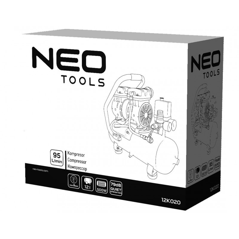 Neo Tools 12K020 Компресор, безмасляний, 230В, 12л, 8 Бар, 105л/хв, 500Вт, прямий привід, індукційний, IP20