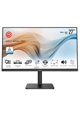 MSI Монітор 27" Modern MD272QP HDMI, DP, USB-C, 2xUSB, MM, IPS, 2560x1440, 75Hz, 4ms, sRGB 95%, Pivot