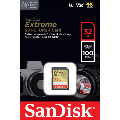 SanDisk Карта пам'яті SD 32GB C10 UHS-I U3 R100/W60MB/s Extreme V30 SanDisk Карта пам'яті SD 32GB C10 UHS-I U3 R100/W60MB/s Extreme V30