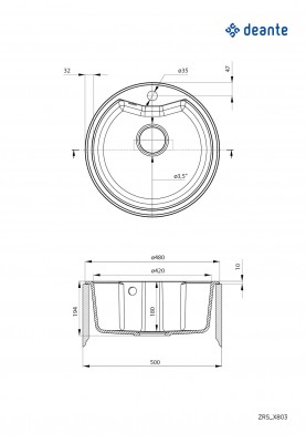 Deante Мийка кухонна Solis, граніт, круг, без крила, 480х480х194мм, чаша - 1, накладна, пісок