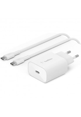 Belkin Зарядний пристрій мережевий 25Вт USB-С PD PPS, кабель USB-С > USB-C, 1м, PVC, білий