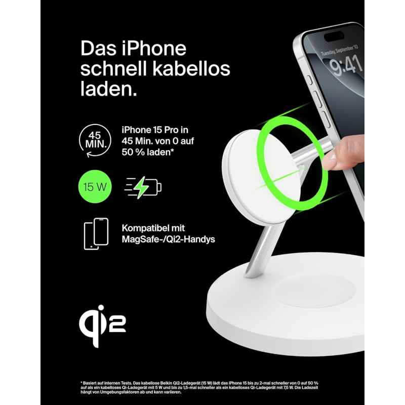 Belkin Зарядний пристрій бездротовий 3в1 Magnetic Pad Qi2 15Вт, білий