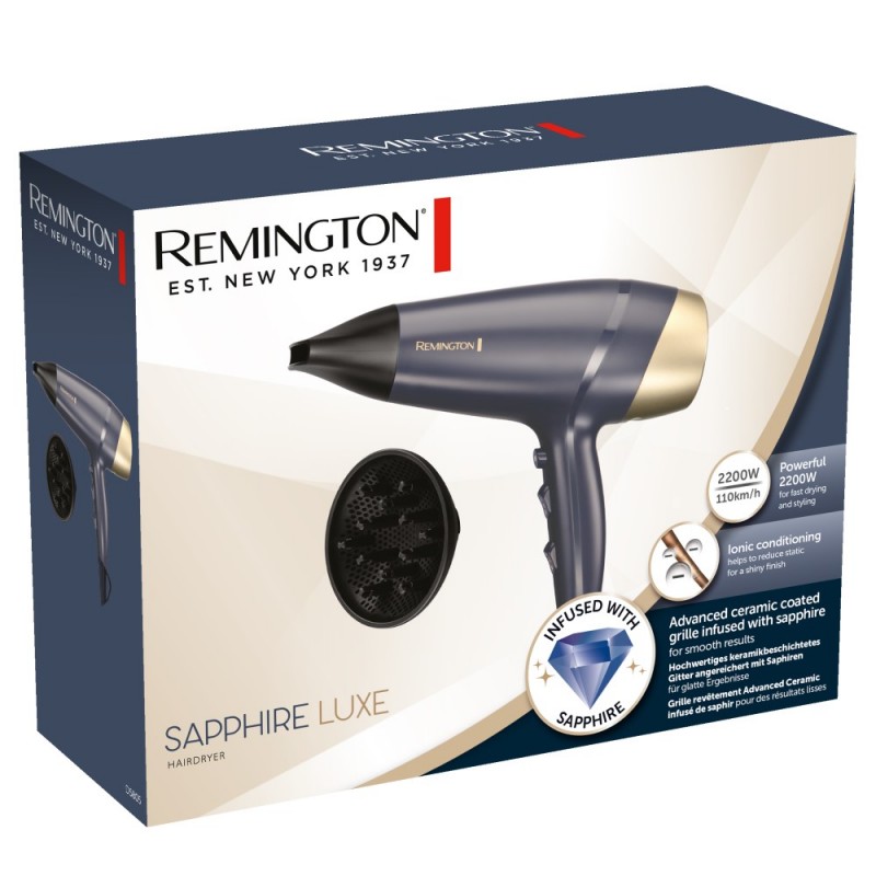 Remington Фен Sapphire Luxe , 2200Вт, 3 режими, дифузор, іоніз-я, хол. обдув, сапфіровий