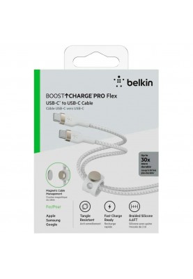 Belkin > Кабель USB-C > USB-C заряджання/синхронізації 2м, 60Вт, Type-C, плетінь, силіконовий, з ремінцем на магніті, білий