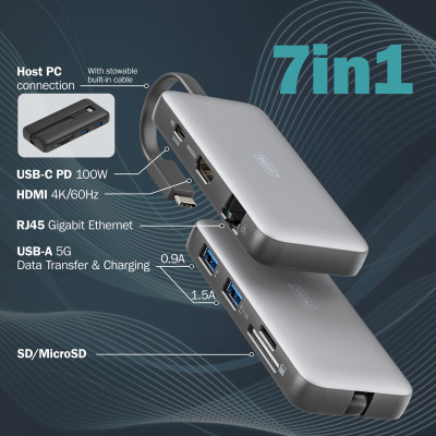 Digitus Док-станція USB-C > HDMI/2xUSB-A/USB-C/SD/MicroSD/RJ54, Travel