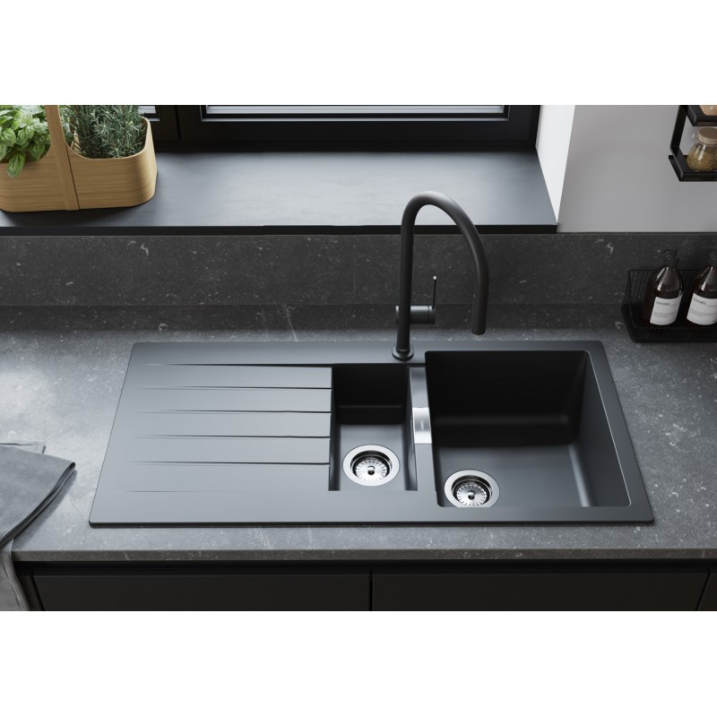 Hansgrohe Мийка кухонна S52, граніт, прямокутник, з крилом, 980х480х190мм, чаша - 1.5, врізна, сірий камінь