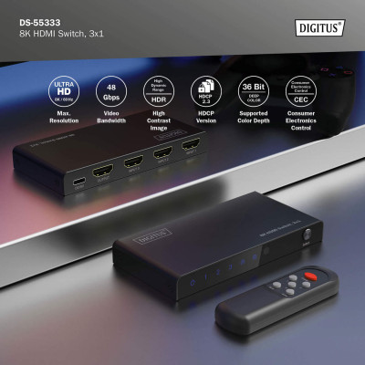 Digitus 3x1 HDMI Switch, 8K/60Hz (4:4:4), HDR, HDCP 2.3