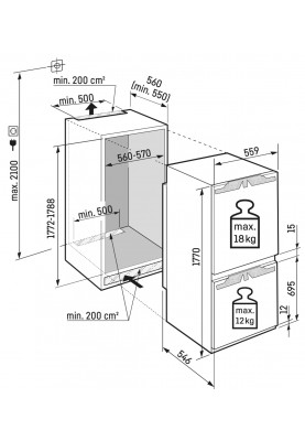 Liebherr Холодильник вбудований з нижн. мороз., 177x54.1х54.5, холод.відд.-182л, мороз.відд.-69л, 2дв., A+, ST, диспл внутр., білий