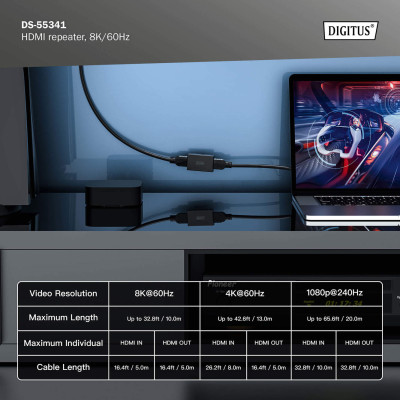Digitus Повторювач HDMI, 8K/60 Гц (10 м 8K/60 Гц), (13 м 4K/60 Гц)