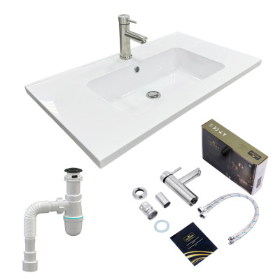 Adamant Набір для ванної кімнати, раковина, умивальник FLATE 80, штучний камінь, прямокут., з сифоном Click-Clack + змішувач