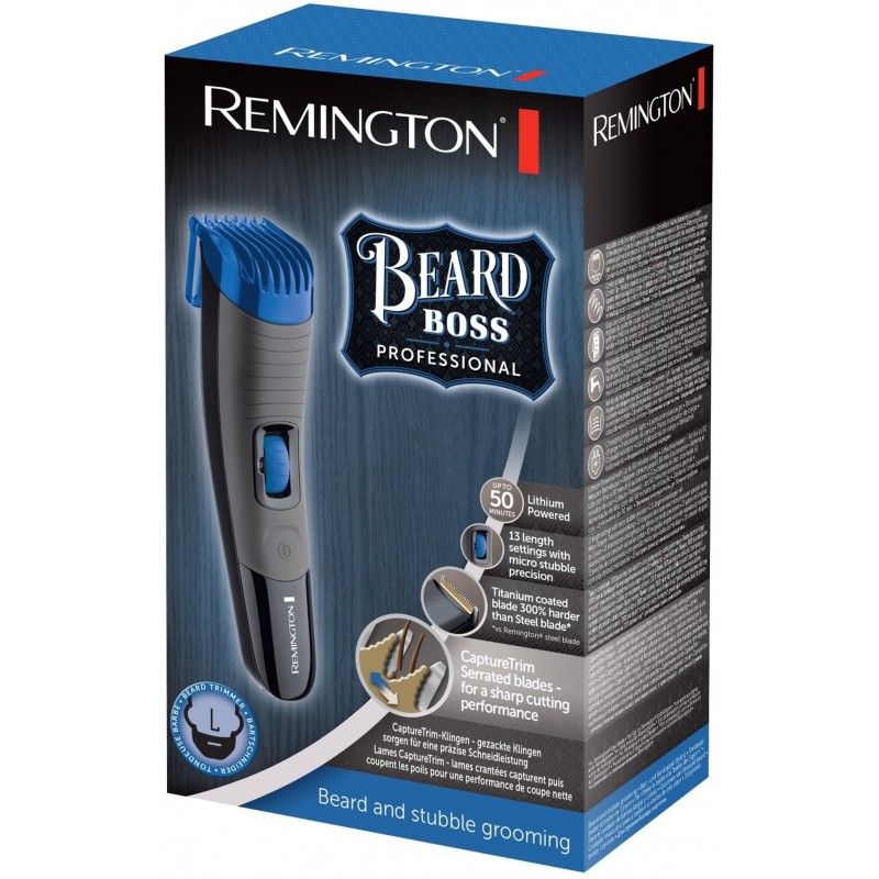 Remington Тример Beard Boss Pro, для бороди, вусів і голови, мережа+акум., насадок-1, титан.напил., чорно-синій