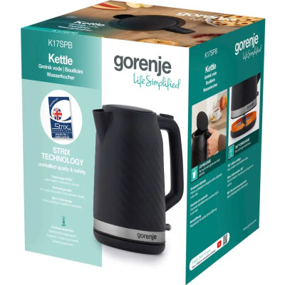 Gorenje Електрочайник 1.7л, Strix контроль, чорний матовий