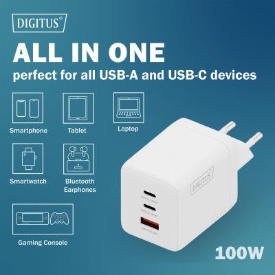 Digitus Зарядний пристрій GaN 2хUSB-C, 1хUSB-A, 100W
