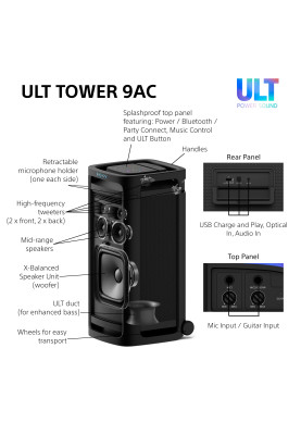 Sony Акустична система ULT TOWER 9AC 2.0, BT 5.3, LED, Party Connect, SBC, AAC, LDAC
