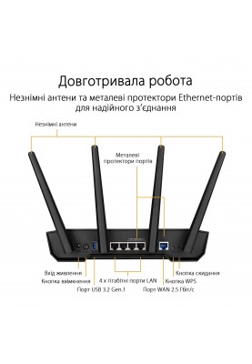 ASUS Маршрутизатор TUF-AX3000 V2 4xGE LAN 2,5xGE WAN 1xUSB3.2 MU-MIMO OFDMA MESH gaming