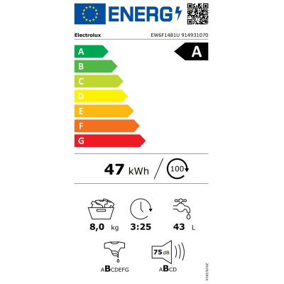 Electrolux Пральна машина Electrolux фронтальна, 8кг, 1400, A, 58см, дисплей, інвертор, білий Electrolux Пральна машина Electrolux фронтальна, 8кг, 1400, A, 58см, дисплей, інвертор, білий