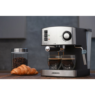 ARDESTO Кавоварка ріжкова Steel Collection 1.6л, мелена, ручний капучинатор, сріблясто-чорний