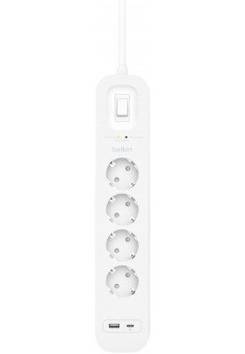 Belkin Подовжувач-фільтр мережевий 4хТип F, 3x1.5мм кв, 16А, USB-A/USB-C 18Вт, з захистом від перенапруги, 2м, білий