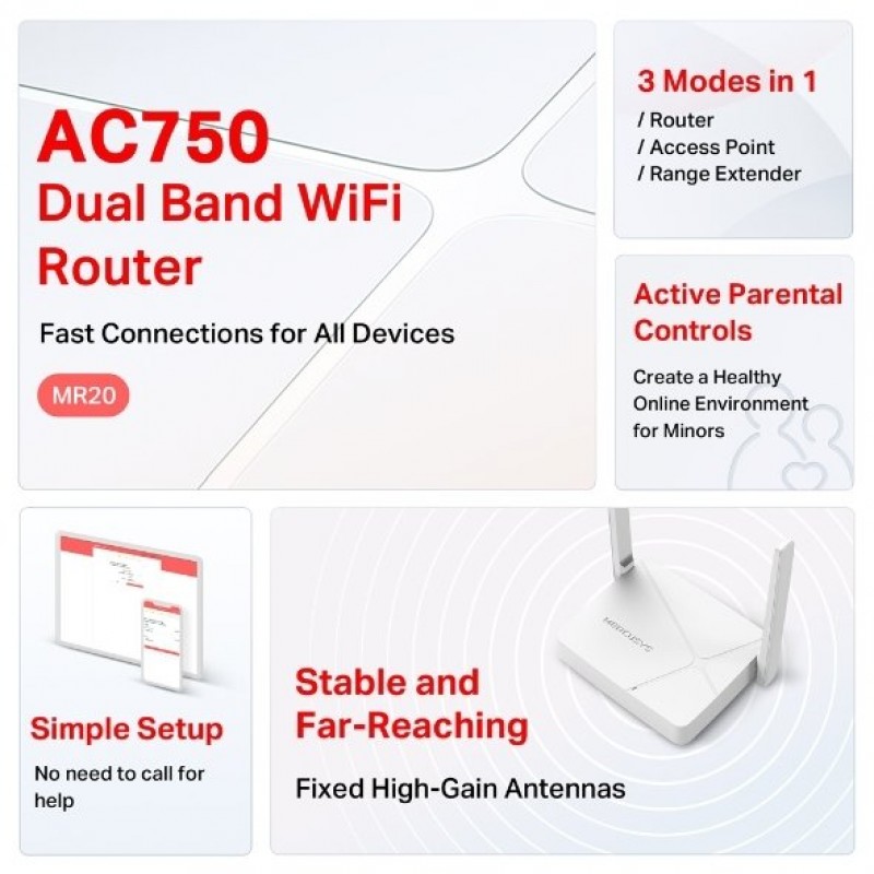 Mercusys Маршрутизатор MR20 AC750, 2xFE LAN, 1xFE WAN