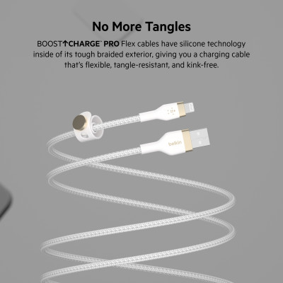 Belkin Кабель USB-A - Lightning плетений, силіконовий, з ремінцем на магніті, 1м, білий