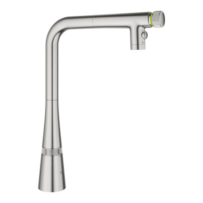 Grohe Змішувач для кухні Scala, довж.виливу - 200мм, поворотний, витяжний, вентиль + кнопка, супер сталь