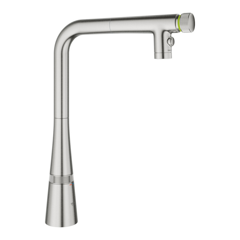 Grohe Змішувач для кухні Scala, довж.виливу - 200мм, поворотний, витяжний, вентиль + кнопка, супер сталь