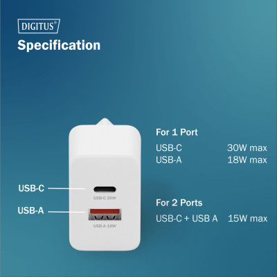 Digitus Зарядний пристрій GaN 1хUSB-C, 1хUSB-A, 30W