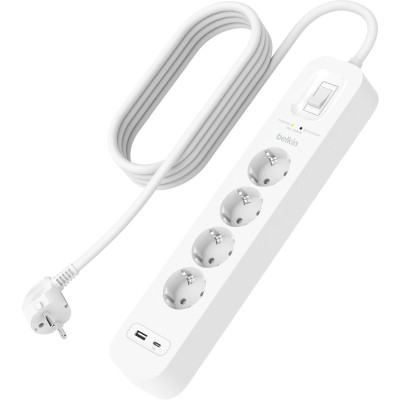 Belkin Подовжувач мережевий 2м, 4хТип, 16А, USB-A/USB-C 18Вт, фільтр, білий