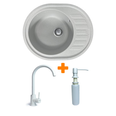 Adamant Набір кухонні Ovum, штучний камінь, овальна, з крилом, 615х495х200мм, чаша - 1, врізна, Old stone + змішувач та дозатор