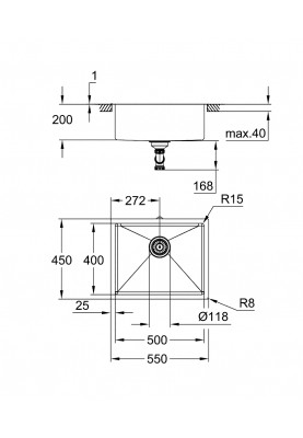 Grohe Мийка кухонная K700U, нерж.сталь, прямокут., без крила, 550x450x200мм, чаша - 1, уніврсальна, матовий прохолодний схід сонця