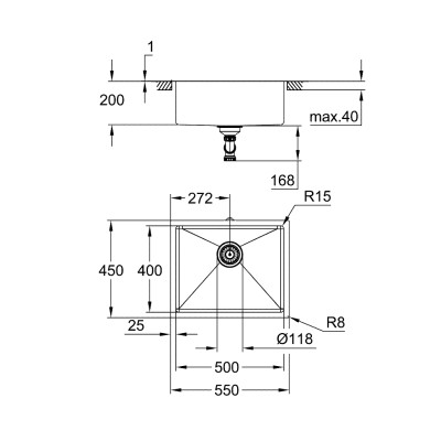 Grohe Мийка кухонная K700U, нерж.сталь, прямокут., без крила, 550x450x200мм, чаша - 1, уніврсальна, матовий прохолодний схід сонця