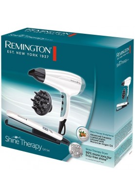 Remington Фен+випрямляч набір Shine Therapy, 2300Вт, 3 режими, дифузор, щипці для волосся (150-230 ° С, кераміка), біло-блакитний