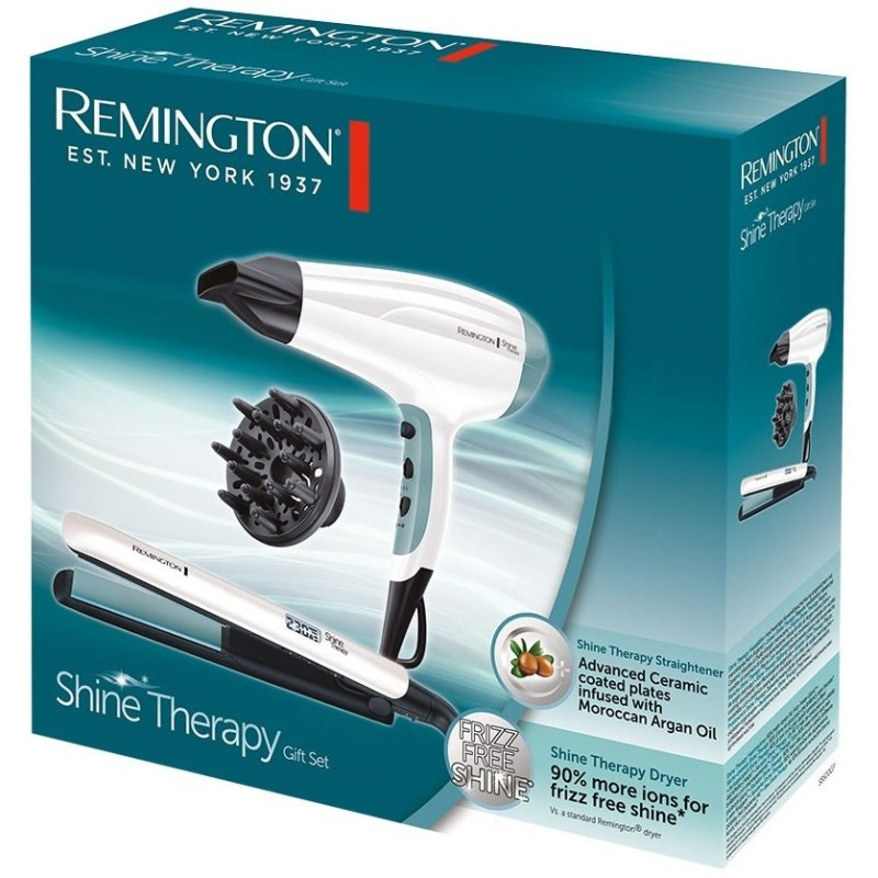 Remington Фен+випрямляч набір Shine Therapy, 2300Вт, 3 режими, дифузор,щипці для волосся(150-230°С,кераміка), біло-блакитний