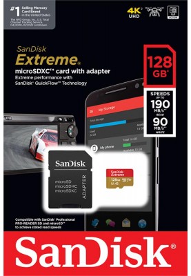 SanDisk Карта пам'яті microSD 128GB C10 UHS-I U3 R190/W90MB/s Extreme V30 + SD