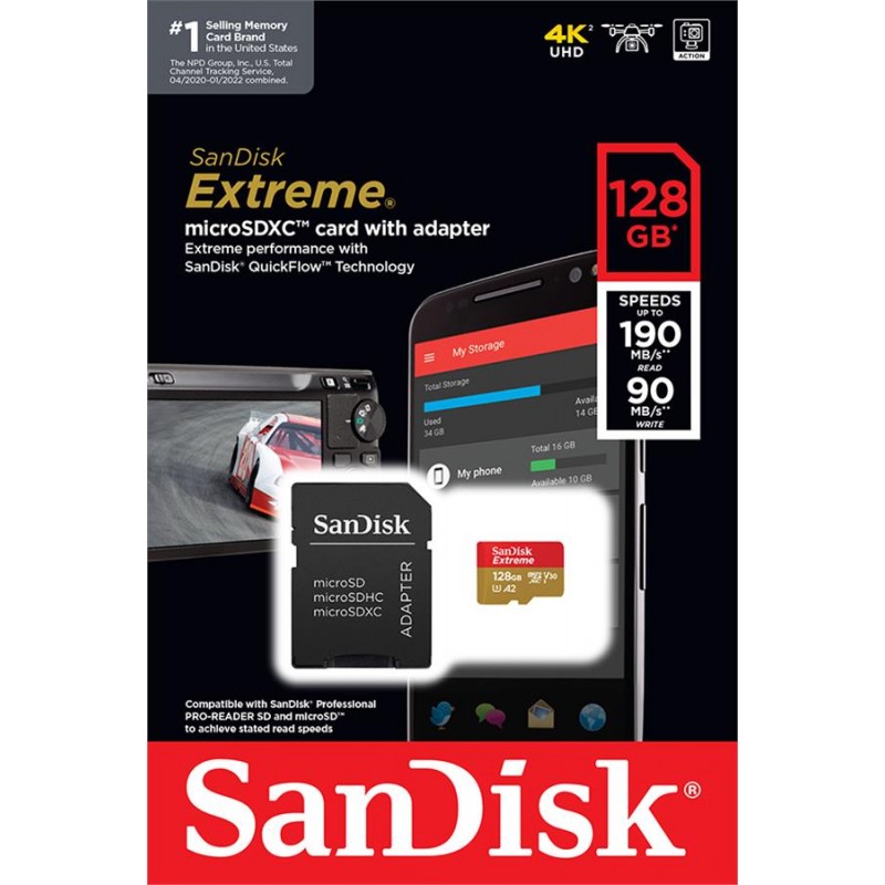 SanDisk Карта пам'яті microSD 128GB C10 UHS-I U3 R190/W90MB/s Extreme V30 + SD