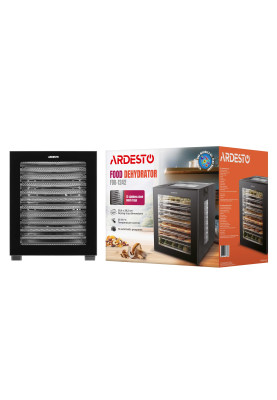 ARDESTO Сушарка для продуктів FDB-1242, 850Вт, піддонів -12x3см, макс-70°С, таймер, електр. управління, нерж., чорний
