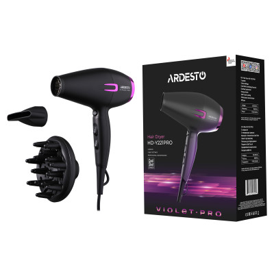 ARDESTO Фен Violet PRO HD-Y221PRO ,1750-2100Вт, 2 швидкості, 3темп. режими, дифузор, чорний