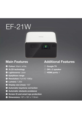Epson Проектор EF-21W FHD, 1000 lm, LASER, 1, Google TV, Diamond White