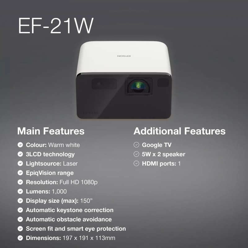 Epson Проєктор EF-21W FHD, 1000 lm, LASER, 1, Google TV, Diamond White