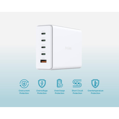 D-Link Зарядний пристрій мережевий DCF-241 240Вт GaN 4хUSB-С, 1xUSB-A, білий D-Link Зарядний пристрій мережевий DCF-241 240Вт GaN 4хUSB-С, 1xUSB-A, білий