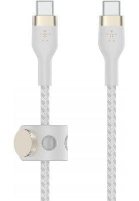 Belkin > Кабель USB-C > USB-C заряджання/синхронізації 2м, 60Вт, Type-C, плетінь, силіконовий, з ремінцем на магніті, білий