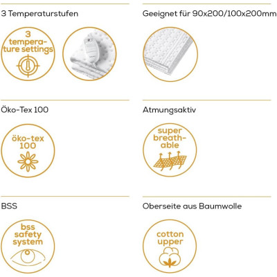 Beurer Електропростирадло, 130х75см, 50Вт, 3 режими, хлопок, фліс, білий