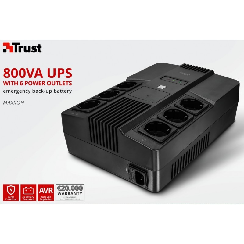 Trust Джерело безперебійного живлення Maxxon 800VA UPS with 6 standard wall power outlets BLACK